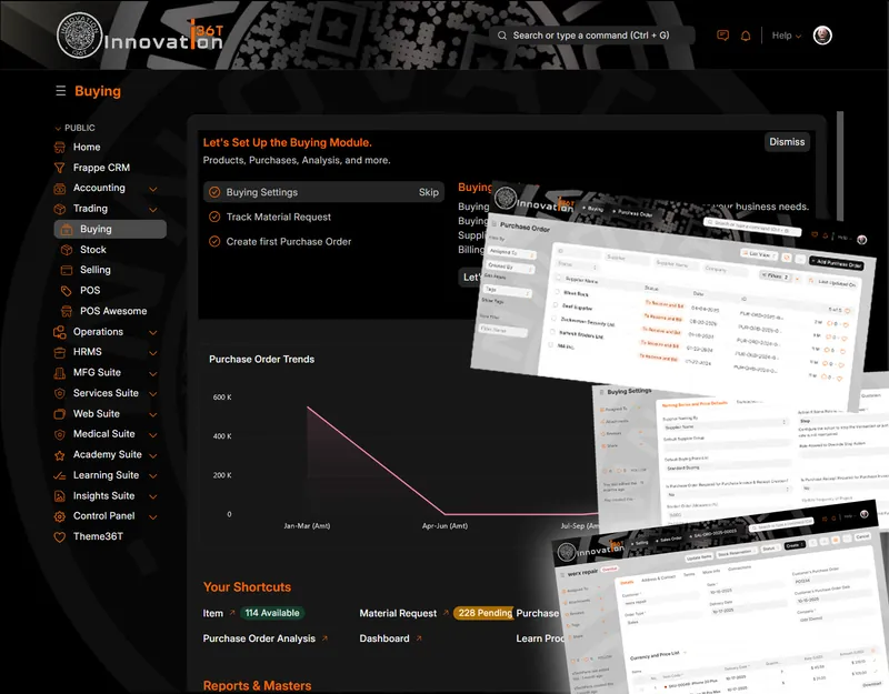ERP36T Inventory & Supply Chain: Buying workspace collage with purchase order screens