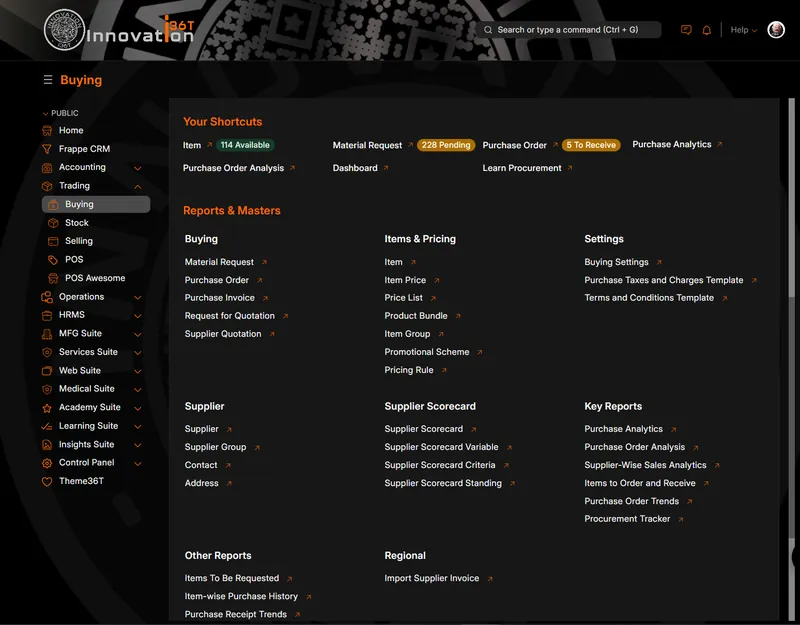 ERP36T Inventory & Supply Chain: Buying workspace with shortcuts and reports