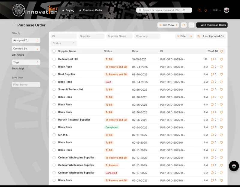 ERP36T Inventory & Supply Chain: Purchase order list by supplier and status