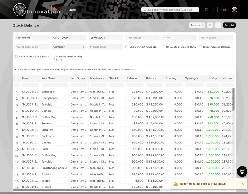 ERP36T Inventory & Supply Chain: Stock balance report by item and warehouse