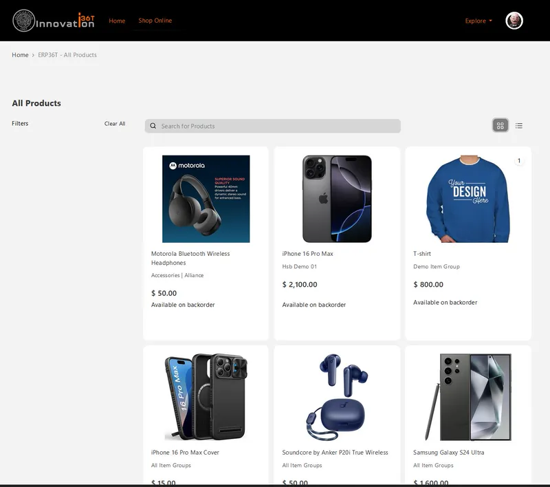 ERP36T E-Commerce: Product catalog page with search and prices