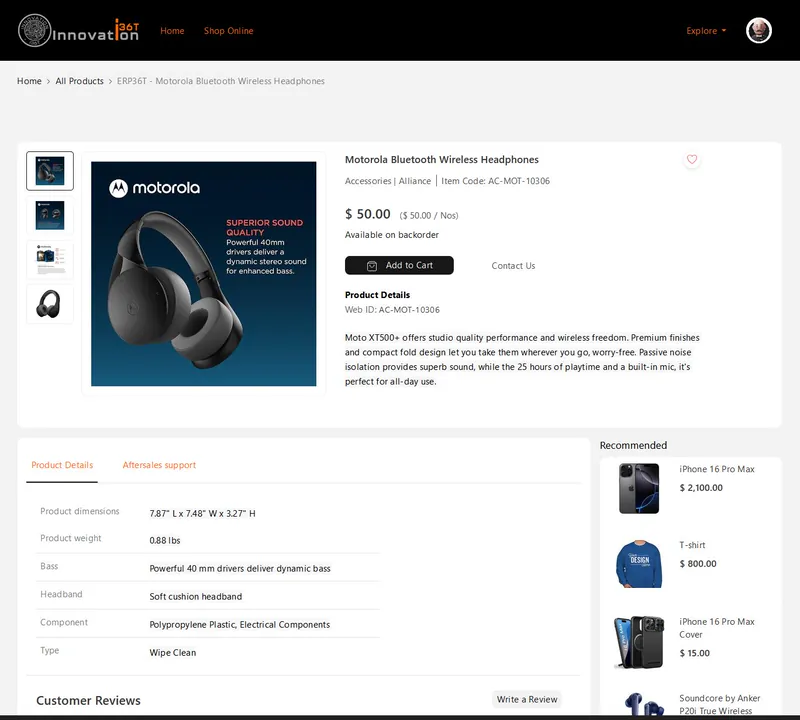 ERP36T E-Commerce: Product page for wireless headphones with add to cart