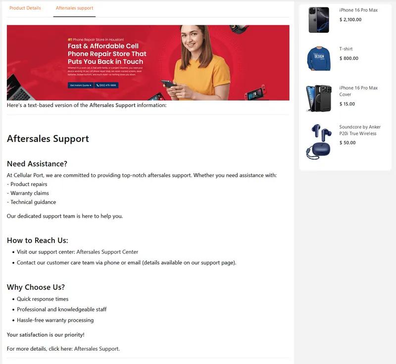 ERP36T E-Commerce: Aftersales support tab on a product page