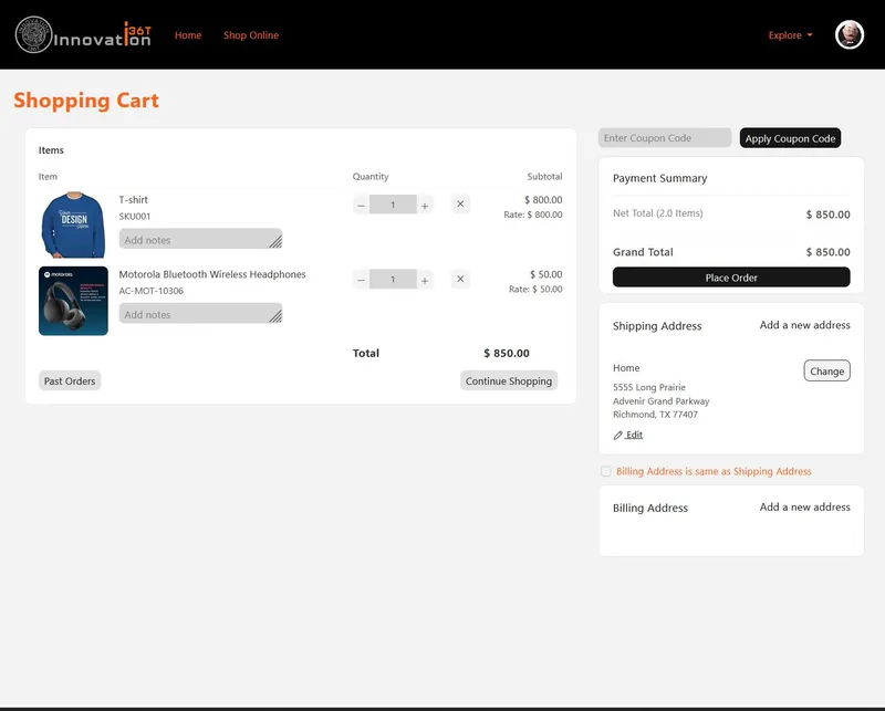 ERP36T E-Commerce: Shopping cart with payment summary and shipping address