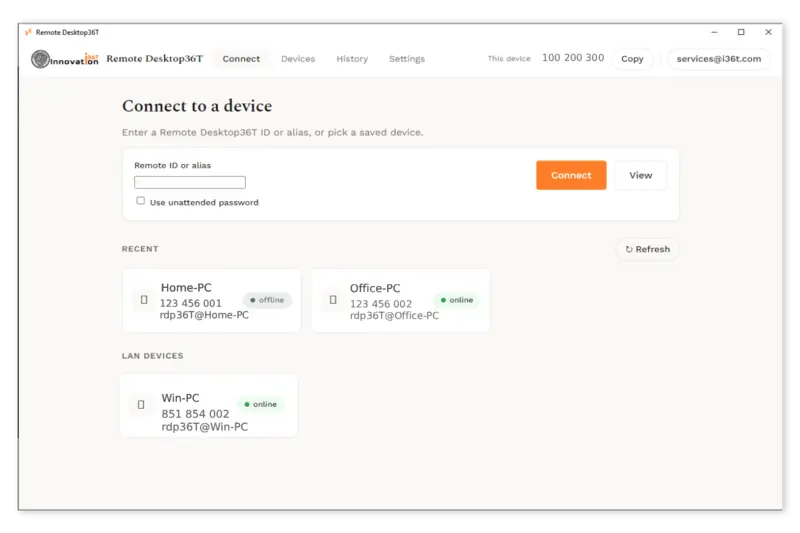 The Remote Desktop36T Connect screen: a box for a remote ID or alias with Connect and View buttons, an unattended-password option, and recent and LAN devices listed with their IDs, aliases and online status.