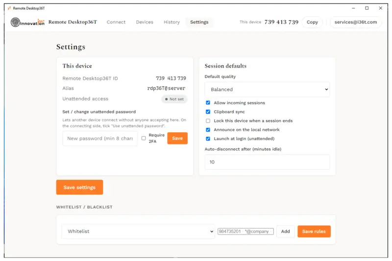 The Remote Desktop36T Settings screen: this device's ID and alias, the unattended-access password with an optional second factor, session defaults such as quality, clipboard sync and launch at login, an idle auto-disconnect, and whitelist and blacklist rules.