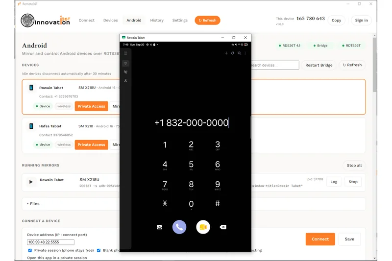 The Android tab of the Remote36T app: paired tablets with their model, Android version and contact number, Private Access and Mirror buttons, a list of running mirrors with the command behind each one, and a mirrored tablet screen open beside it showing the dialer.