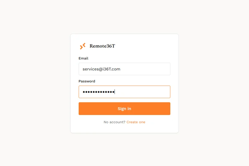The Remote36T portal sign-in page at remote.i36t.com, with email and password fields, a Sign in button and a link to create an account.