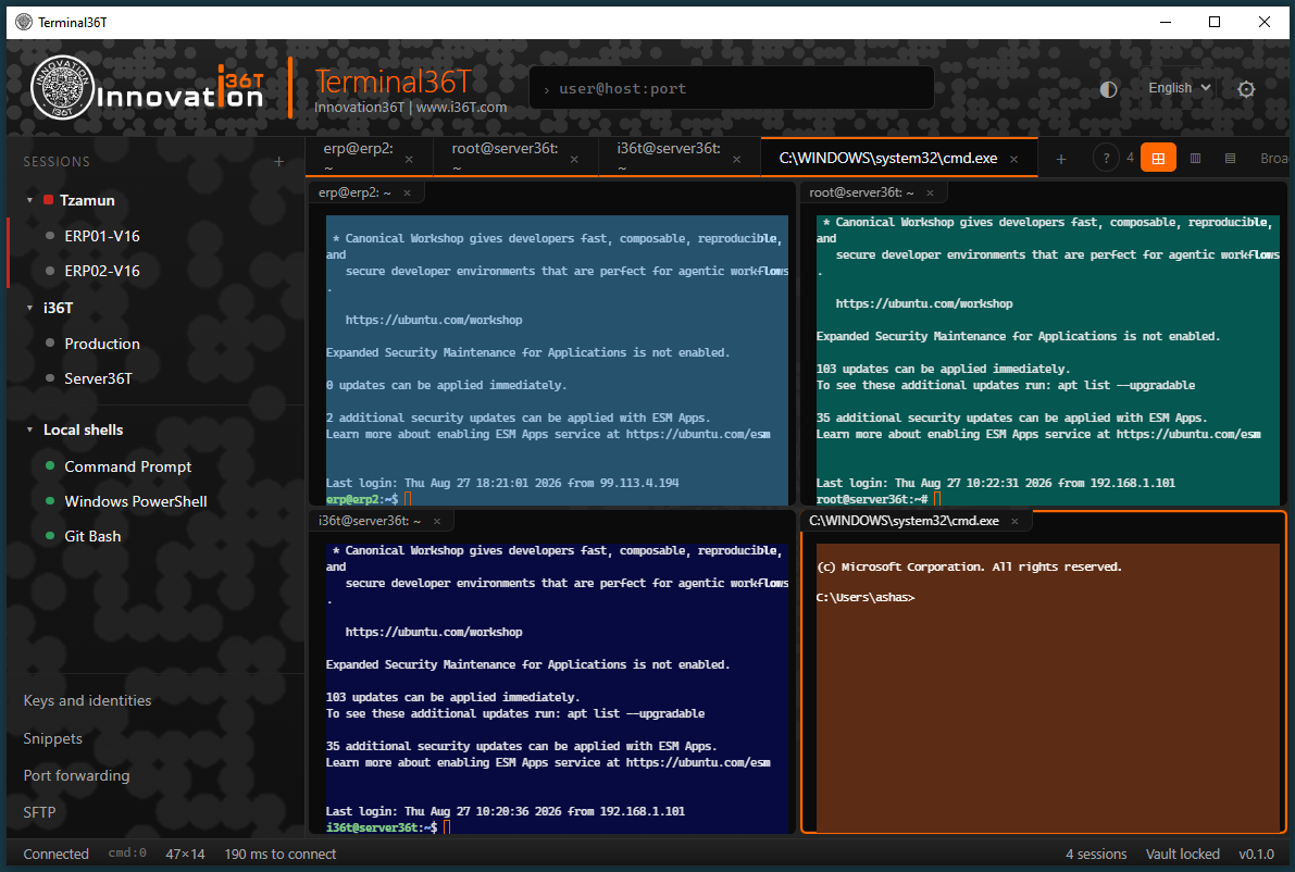 Terminal36T in dark mode: the same four-way split view and session tree, on a dark background.